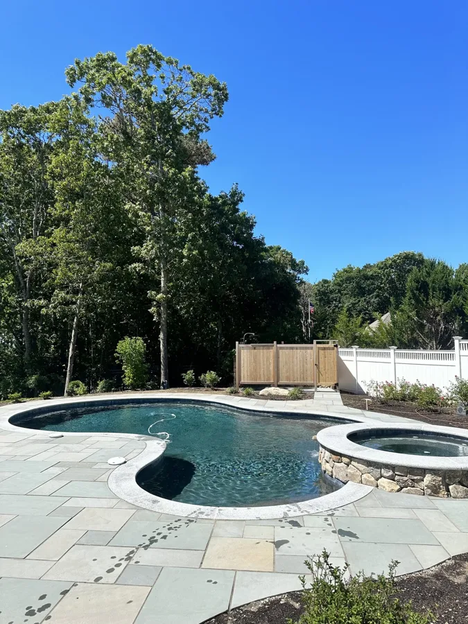Freeform pool and spa combination with outdoor shower